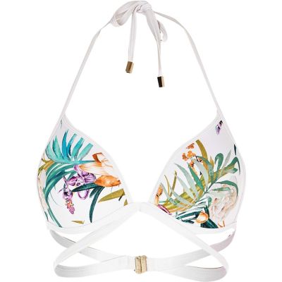 White tropical strappy halter neck bikini top